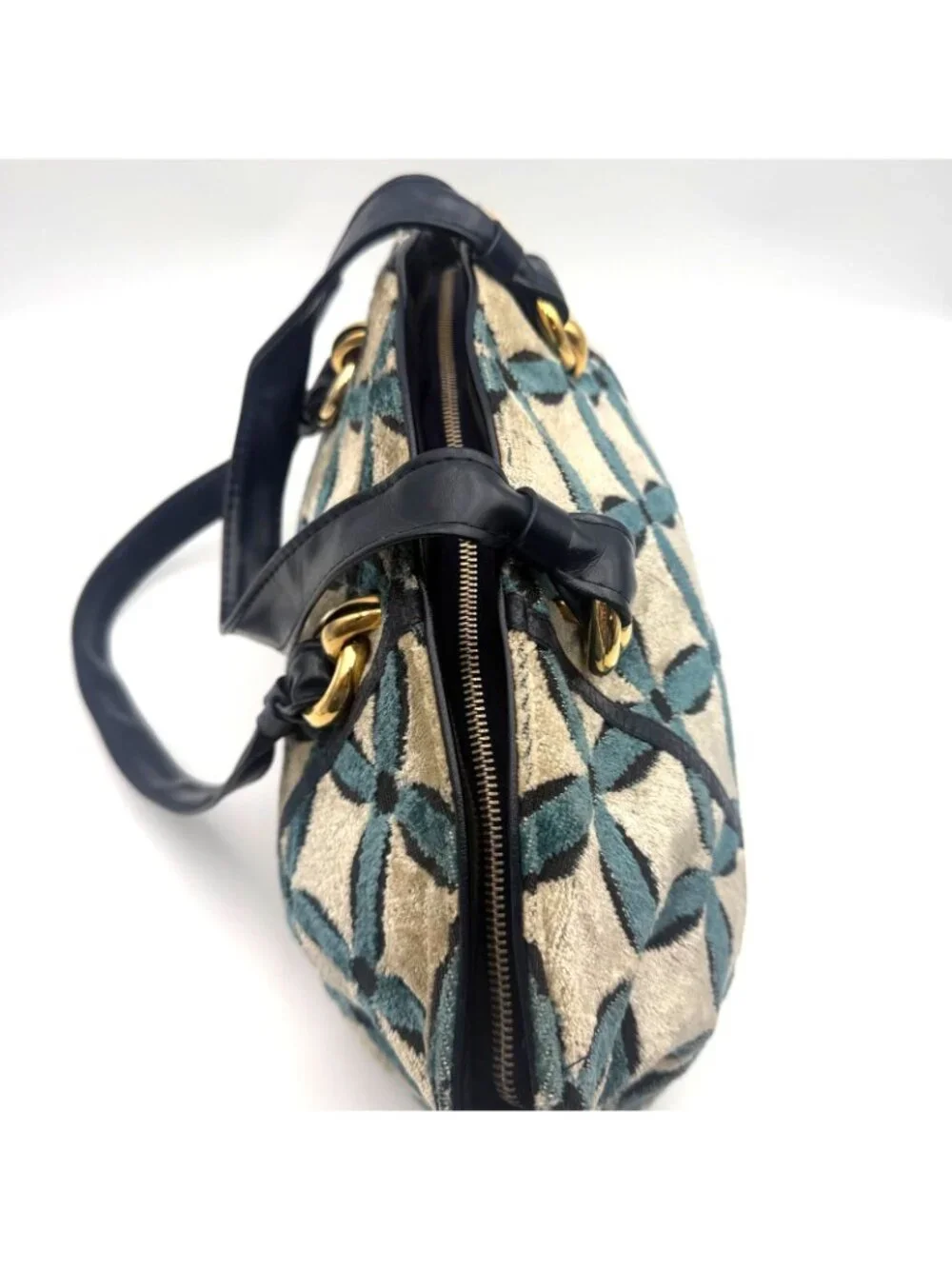 Vintage Tapestry Shoulder Bag Blue Black Geometric Velvet Purse Red Lining